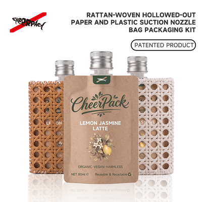 Jakość  Reusable Rattan Woven Spout Pouch with Aluminum Cap | CheerPack Patented 100ml rattan-woven hollow-out spout pouch with reusable Sleeve and aluminum screw cap. Eco cosmetic packaging, OEM/ODM welcome. fabryka
